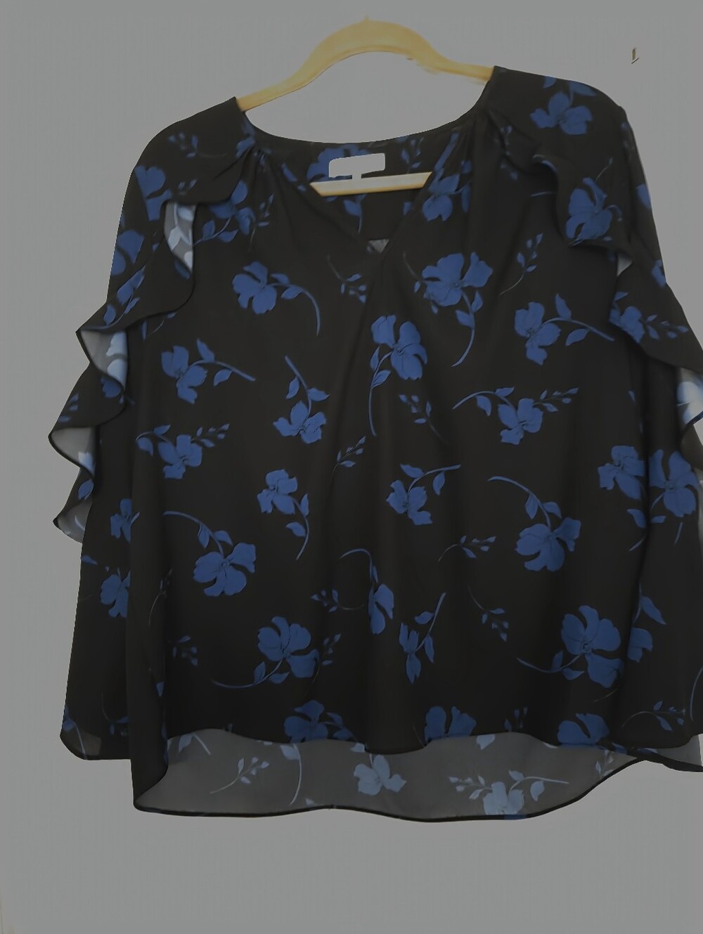 Parker Black Blouse with Blue Floral Ruffle Sleeves